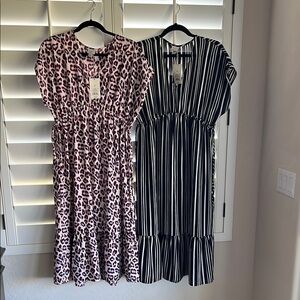 A New Day Pink and Maroon Animal Print & Black and White Striped Sundresses